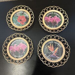 Vintage Wicker Framed Flower Coasters Souvenir Hawaii Hibiscus Orchid Bird Of